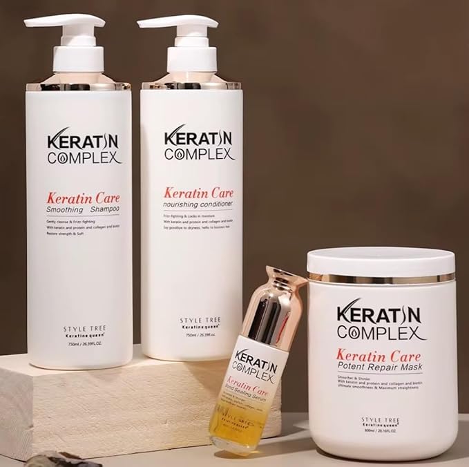 كيراتين كومبليكس مجموعة كيراتين كومبلكس للعناية بالشعر بالكيراتين، تتضمن شامبو منعم، بلسم مغذي، قناع لإصلاح الشعر، وسيروم لتقوية روابط الشعر. عناية متكاملة بالشعر. (مجموعة كاملة من 4 قطع) - Image 1